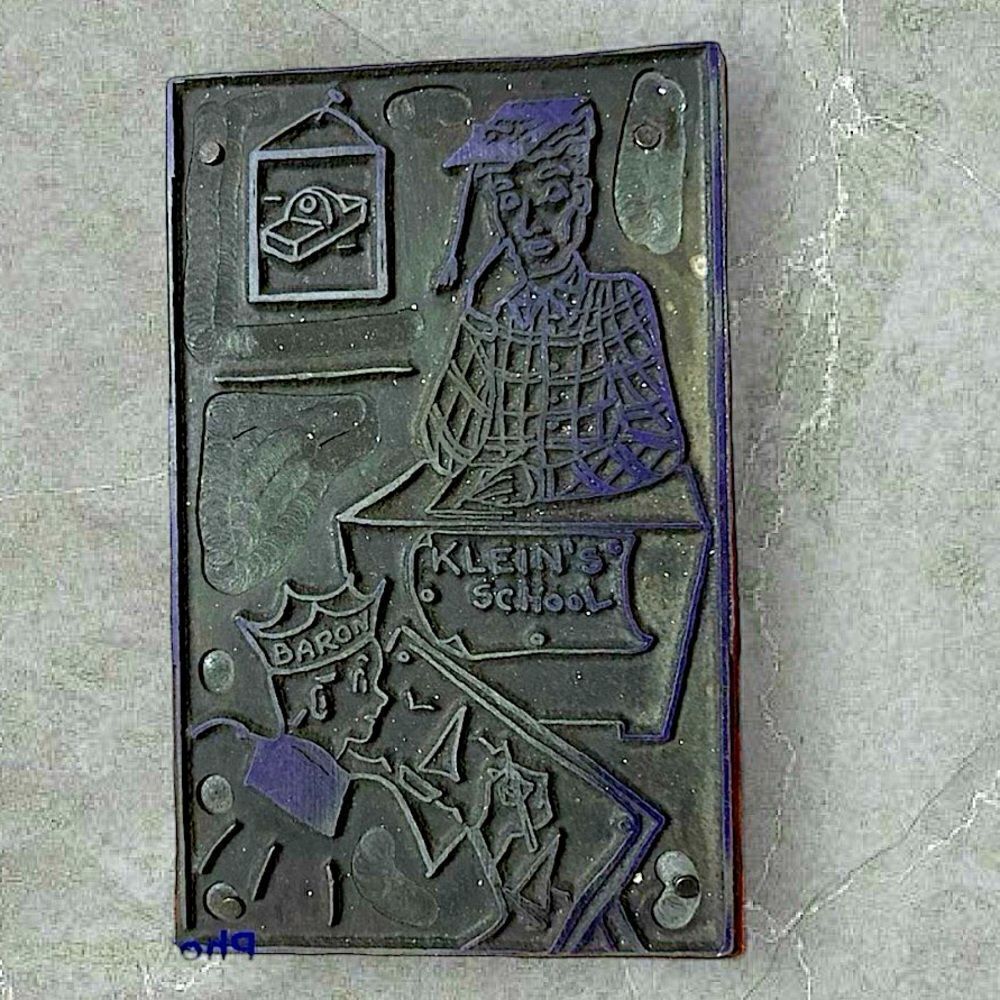 Vintage 40s Copper Printing Block letter press printer block with School scene